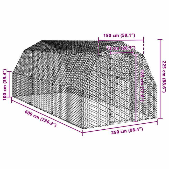 VidaXL Poulailler 2,5x6x2,25 m acier galvanisé, poulailler de promenade, enclos à poules accessible, cage à poules 3328517