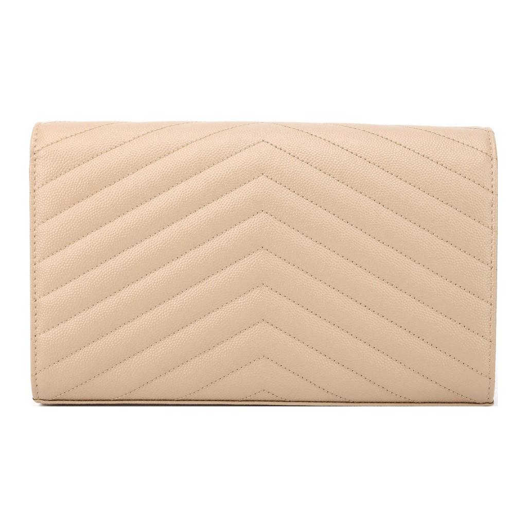 Saint Laurent Ysl Monogram Logo Dorato Pelle Granulosa Trapuntata Portafoglio a Catena Borsa a Spalla Borse Donna Beige Scuro 377828-BOW01-2721