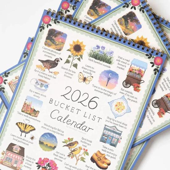 Yousheng 2026 Bucket-List-Kalender 12 Monats-Bucket-List-Wandkalender Spiralbindung Kunstplaner Notizbuch mit illustrierten Seiten Geschenk für Freunde