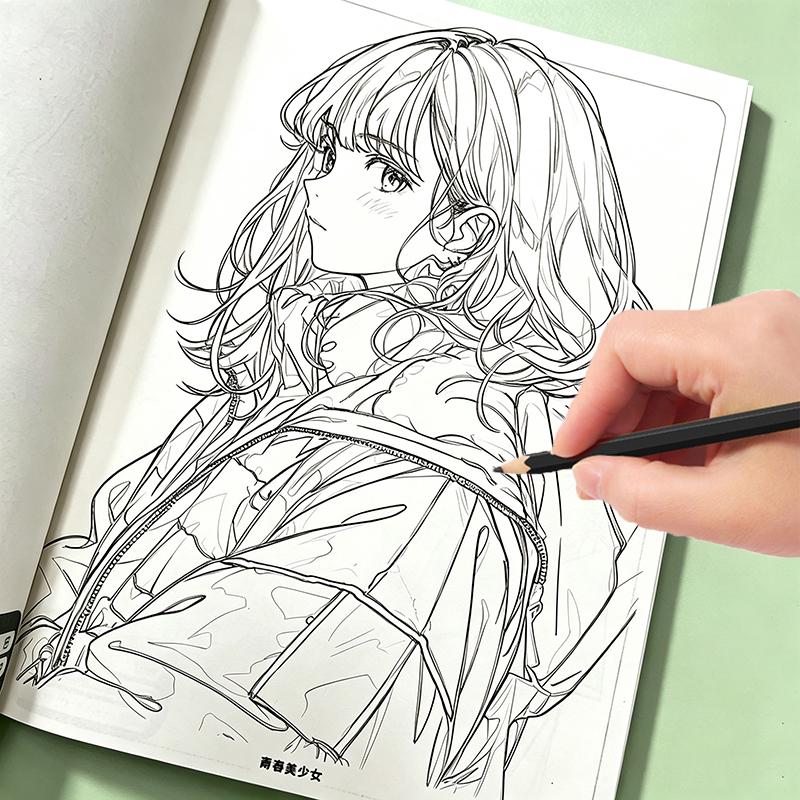 Kreslicí pracovní sešit s předlohami anime dívek pro obkreslování, přiložen s barevnou referenční příručkou, více stylových předloh line-art mladých dívek