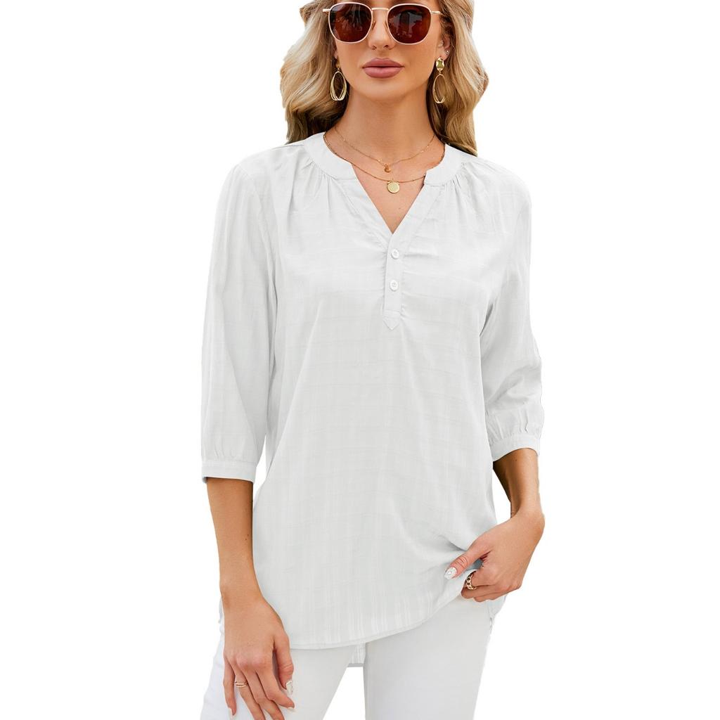 Spring Summer Women's Solid Color V Neck Loose Half Sleeve Casual Top