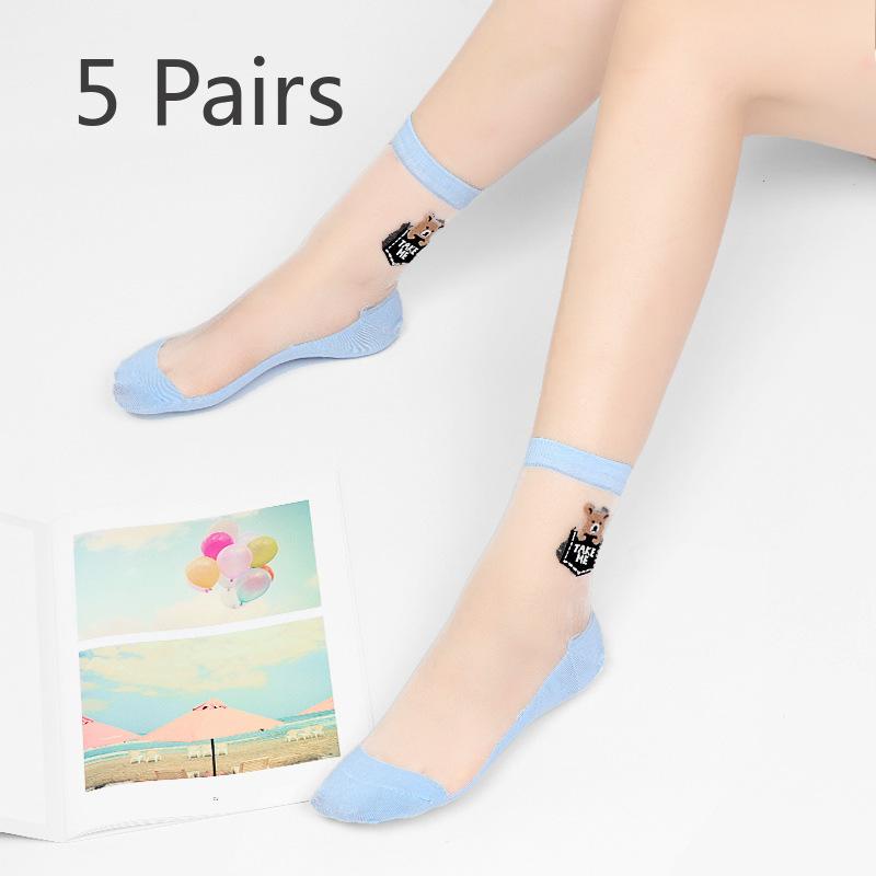 5 Pairs of Women's Summer Thin Cotton Bottom Non Slip Durable Crystal Silk Transparent Mid Tube Socks