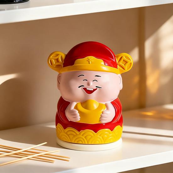 Toothpick Box Covered Dust-Proof Moisture-Proof Storage Box with Hand-Painted God of Wealth Design Red Robe Gold Crown Fortune Decorative Holder