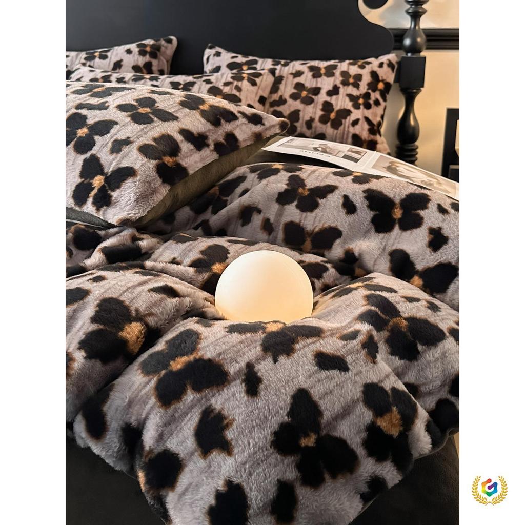 Premium Leopard Print Velvet Fleece 4-Piece Set: Winter Stain-Resistant, Double-Sided Coral Fleece, Warm Duvet Cover Bed