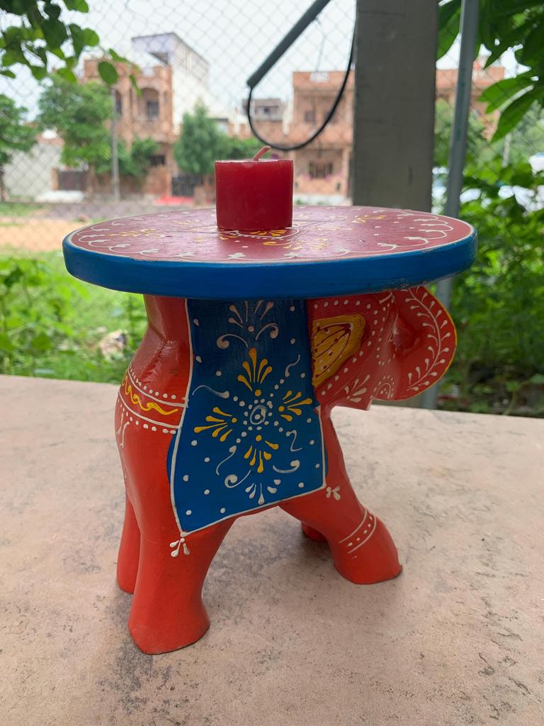 Hand Carved Elephant Stool: Wooden Antique Chowki Indian Decor