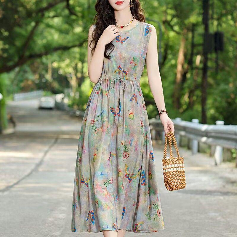 New Summer Floral Cotton-Silk Sleeveless Dress - Plus Size, Loose Fit, Slimming, Vacation Style Mom’s Long Dress