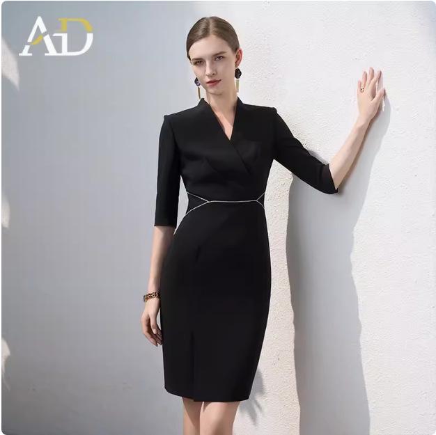 

Элегантное черное платье-костюм с V-образным вырезом для женщин - Маленький размер, Модная рабочая одежда для офиса M