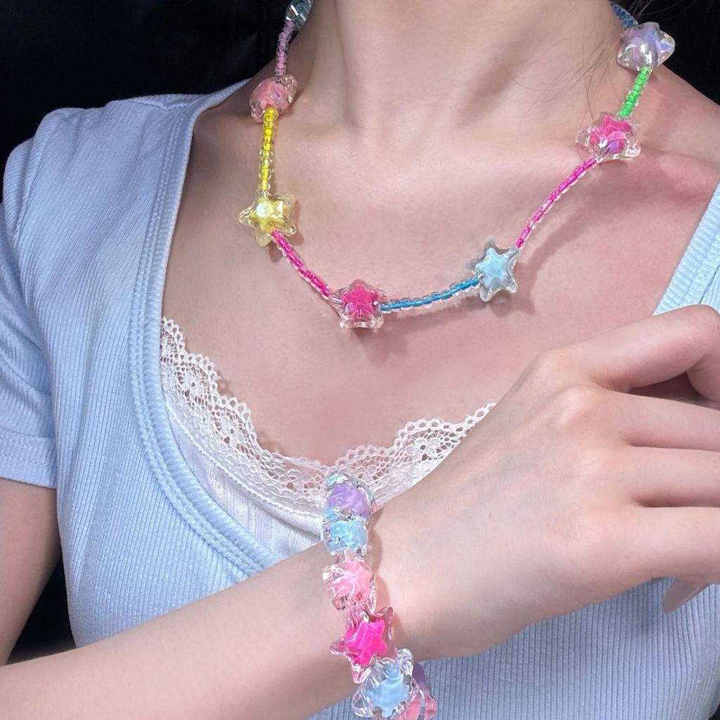 Trendy Dopamine Star Necklace/Bracelet with Rainbow Beads Feature for Women Fashionable Layered Chain Jewelry Gift