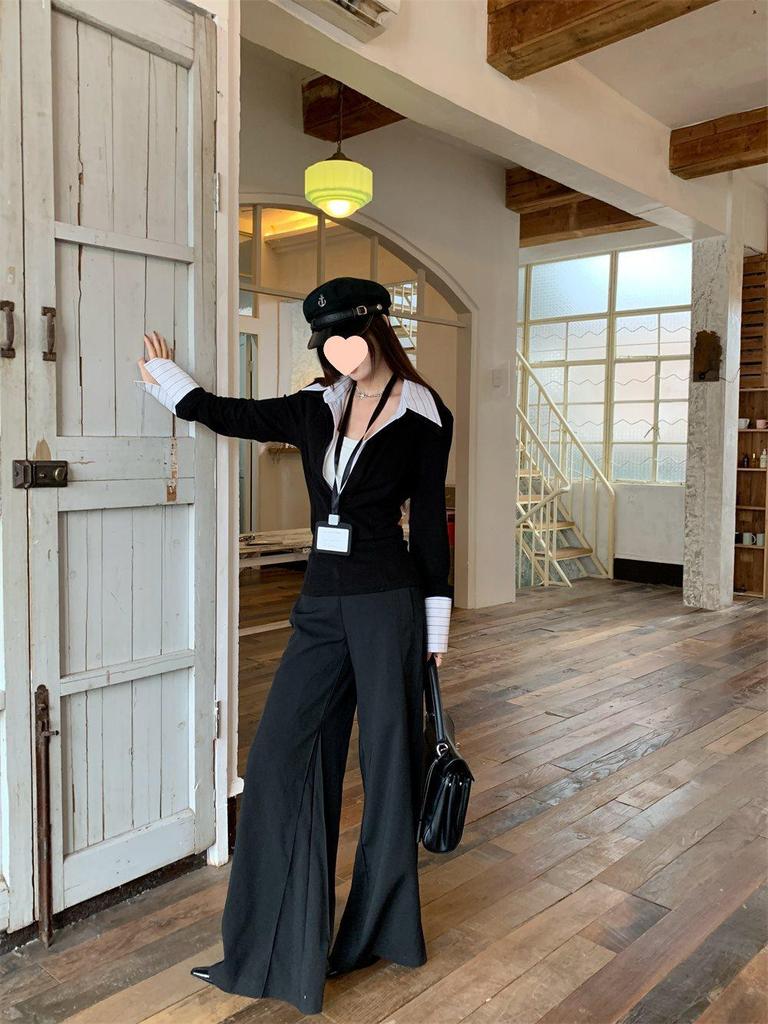 Damen Stricktop zur Taillenformung - Umlegekragen, Langarm, Fake-Zweiteiler-Design