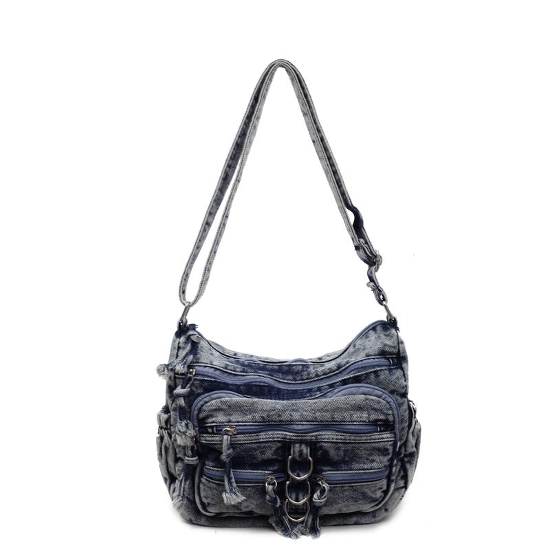 Women Crossbody Bag Vintage Shoulder Bag Multi-Layer Pocket Denim Bag