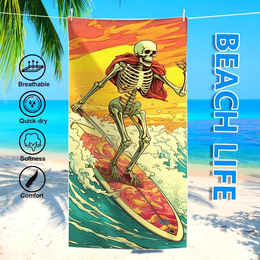 Surfing Skeleton Beach Towel: Breathable, Quick-Dry, Soft, Comfortable - Beach Life Suitable For Towels, Bath Towels