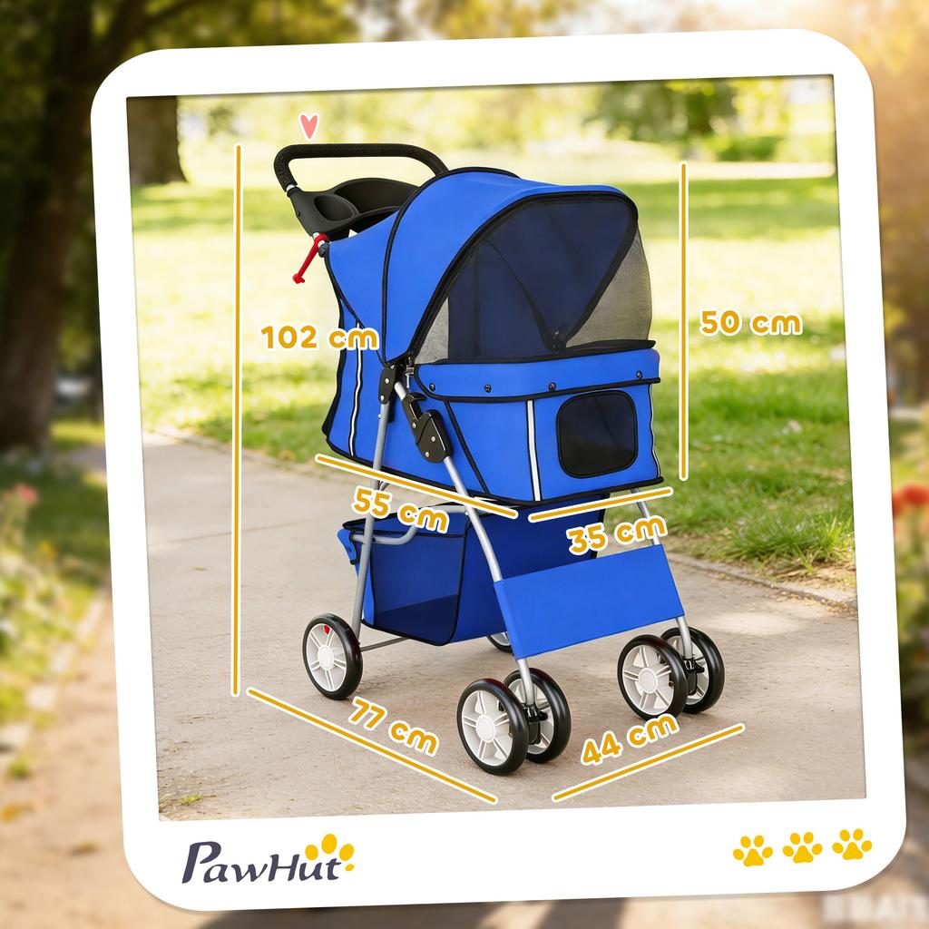 Dog Pram, Pet Stroller with Reflective Strips, Foldable Cat Stroller with 360 Degrees Swivel Wheels, Blue