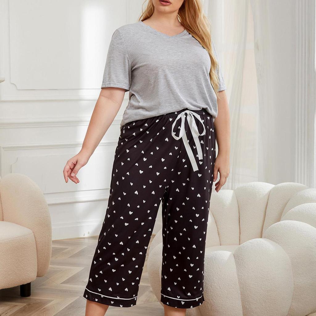 Large Size Pajamas for Women Short Sleeves V Neck Shirts and Draw String Long Pants 2 Piece Comfy Sleeping Suites Plus Size Home Sleep Lounge Wear