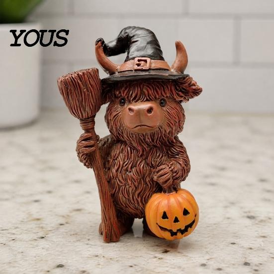 Resin Animal Statues for Home Decor Halloween Highland Cow Figurine, Wizard Broom & Bat Wing Pumpkin Waterproof Garden Sculptures Ornament,