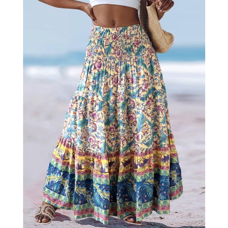 summer high waist elastic waist loose printed long skirt skirt women