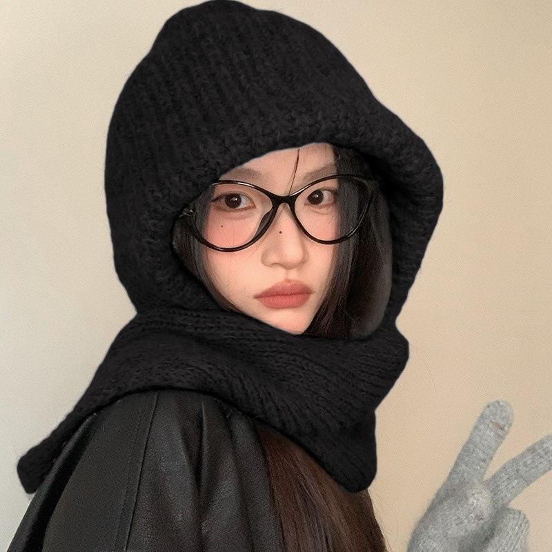 

Зимний теплый вязаный шарф-шапка для женщин балаклава головной убор шейный платок для девочки защита ушей шапка-пуловер однотонная шерстяная шапка-бини One Size чёрный