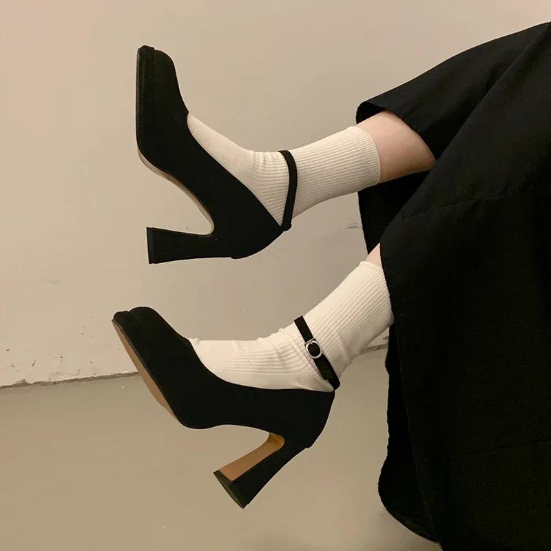 

Женская обувь на высоком каблуке, толстые замшевые сексуальные туфли-лодочки, весна-осень, женские, новые тенденции, дизайнерские, элегантные, Zapatillas De Mujer 40 чёрный