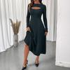 Neues Herbst Elegantes Pendlerstil Sexy Ausschnitt Rundhals Einfarbig Slim Kleid