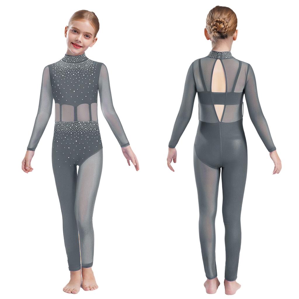 Jenter Danseopptreden Jumpsuit Helkropps Leotard Langermet Mock Neck Mesh Patchwork Nøkkelhullrygg Bodysuit