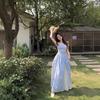 Blue Plaid Lace Suspender Dress Women's Summer Dopamine Bright Wear Seaside Vacation Beach Sunset Dress