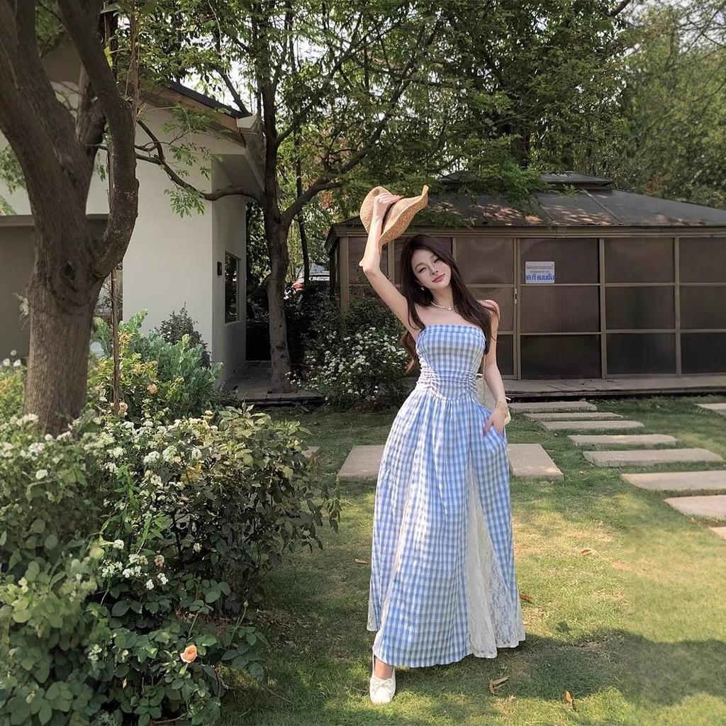 Blue Plaid Lace Suspender Dress Women's Summer Dopamine Bright Wear Seaside Vacation Beach Sunset Dress