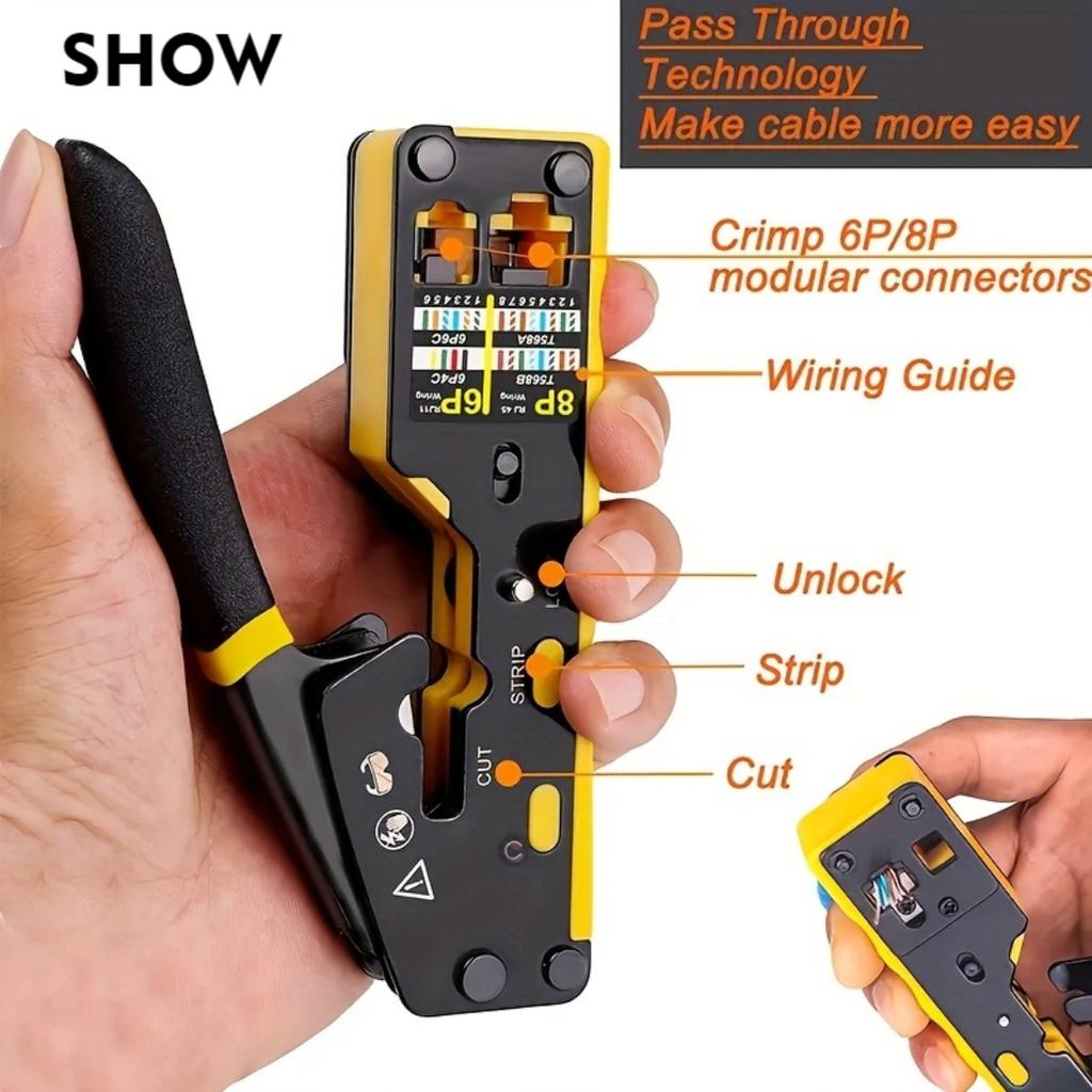 8P6P Multi-Function Dual-Use Network Cable Crimper, CAT6 Pass Through Ez Crimping Tool, Cat5e Cat6 Rj45 Rj11 LAN Phone Crimp Pliers