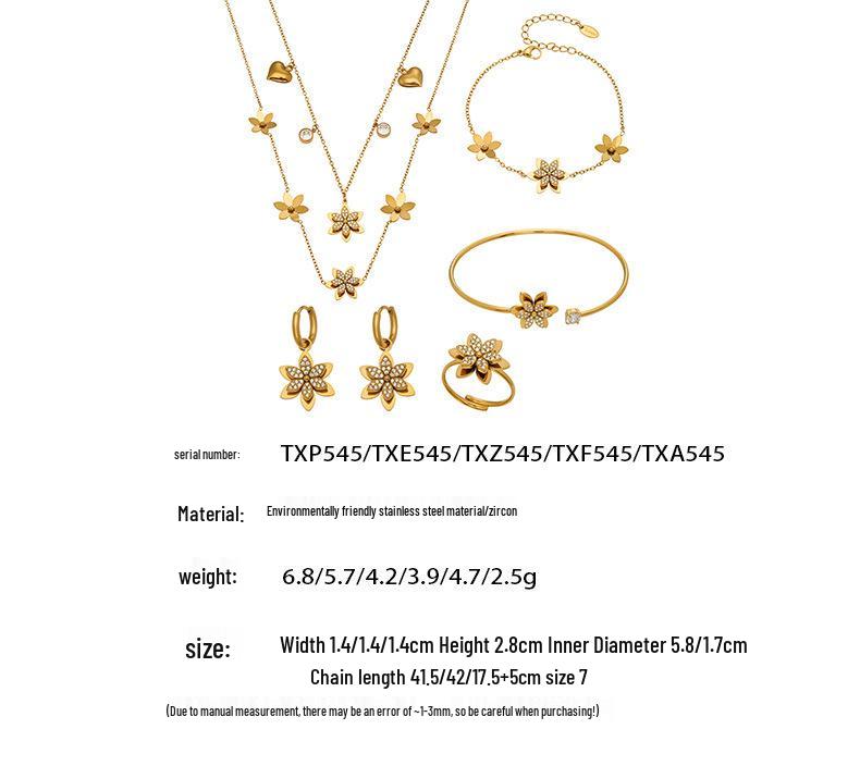European American Fashion Zirconia Flower Heart Pendant Necklace, Bracelet, Earrings, Ring, and Bangle Set