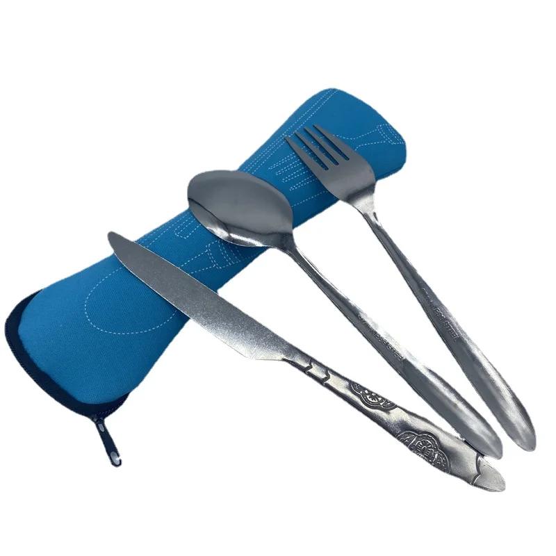 3pcs/7pcs Set Dinnerware Portable Printed Stainless Steel Spoon Fork Steak Knife Set Travel Cutlery Tableware with Bag