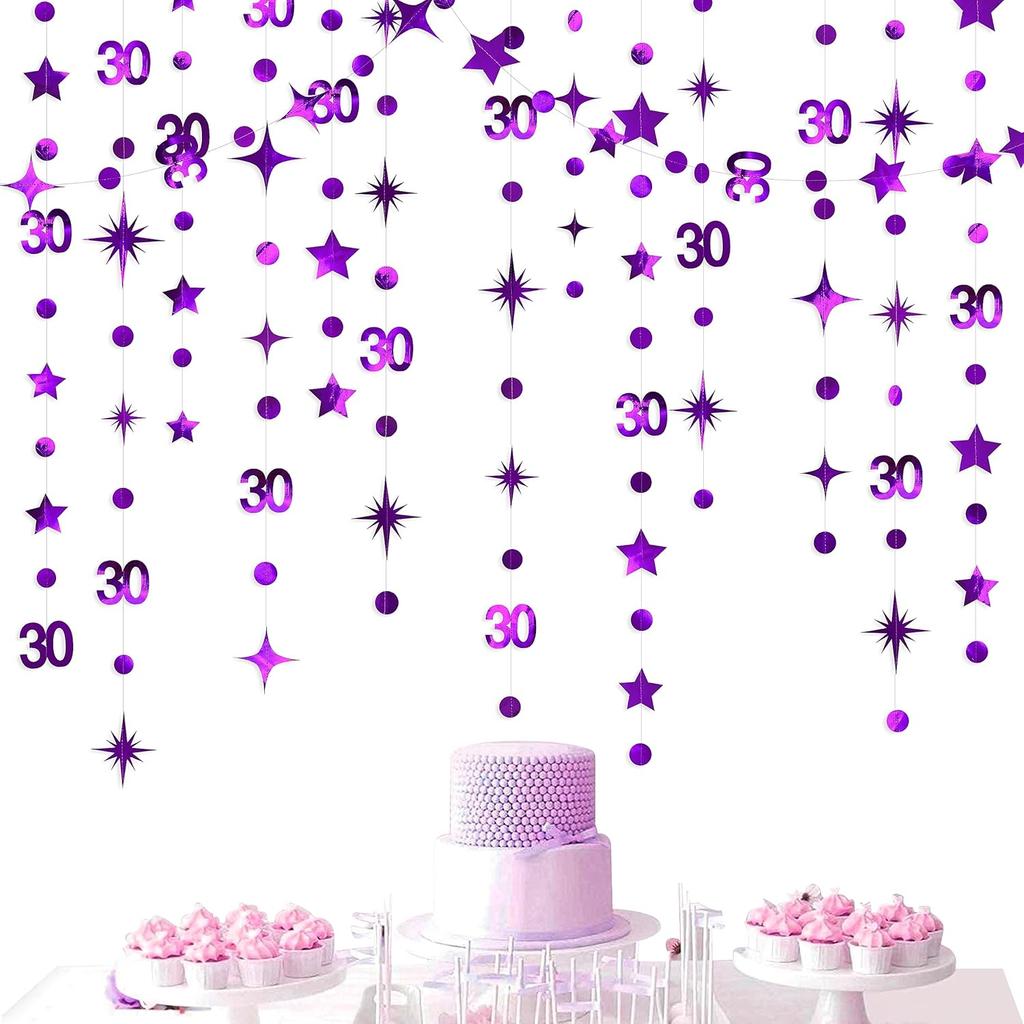 Black 30th Birthday Decorations Number 30 Circle Dot Twinkle Star Garland Metallic Hanging Streamer Bunting Banner Backdrop for Mens Womens Happy