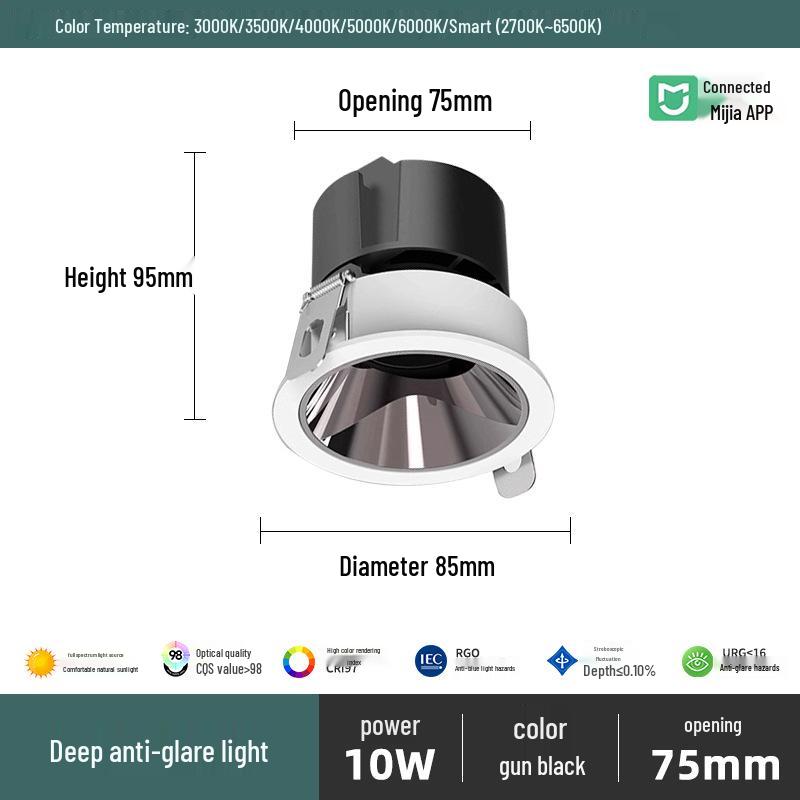 

Smart Dimming & Color-Changing LED Recessed Spotlight for Anti-Glare Villa Wall Gunmetal Black 10W, Cutout 75