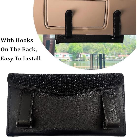 Car Sun Visor Tissue Box Holder,Dermasy Hanging Car Sparkly Crystal PU Leather Napkin Case Holder Bling Car Accessories For Women And Ladies (Black)