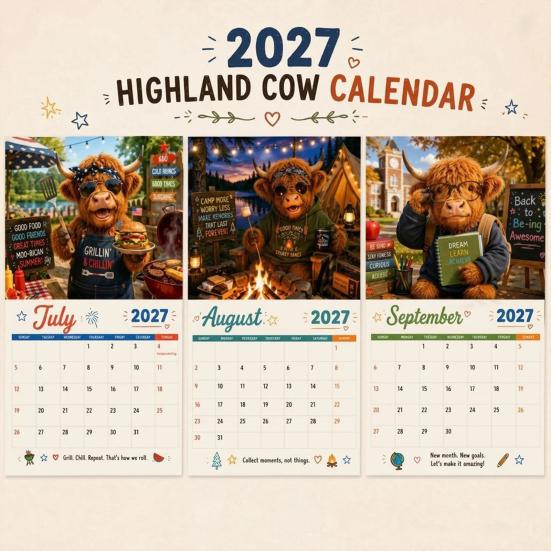 Nástěnný kalendář 2027 s kravami z Highlands Vtipný kalendář, Roztomilé hospodářské zvíře 12měsíční Kancelářský závěsný Skotský plánovač pro rustikální domácí dekoraci Umění Obývací pokoj
