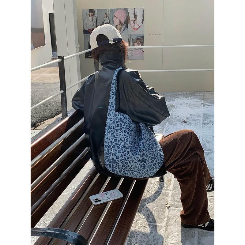 Retro Leopard Print Women's Canvas Shoulder Bags Large Capacity Ladies Casual Tote Handbags Simple Daily Female Underarm Bags