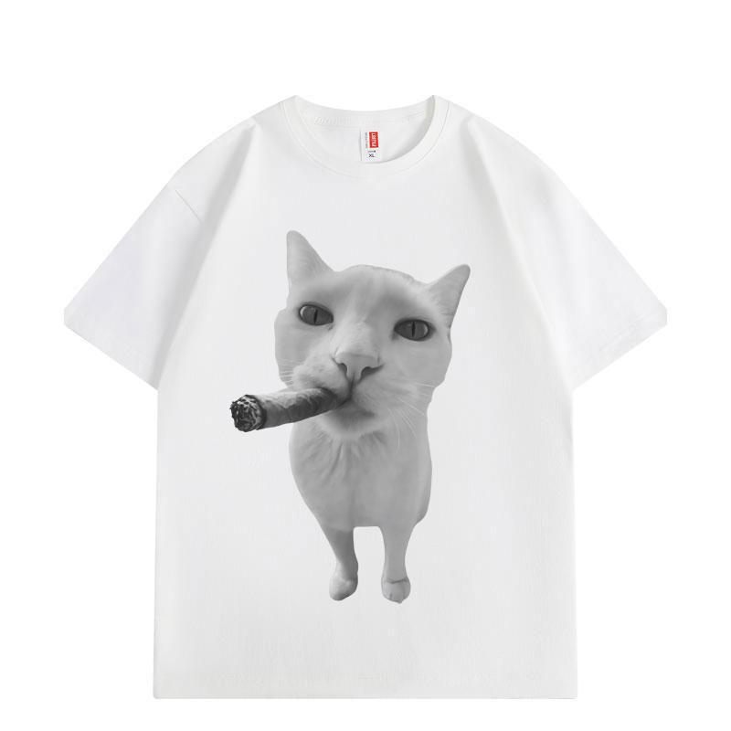 Cat Smoking Cigar Funny Meme Graphic T Shirts Men Women Fashion Vintage Short Sleeve T-shirts Summer Loose Cotton T-shirt