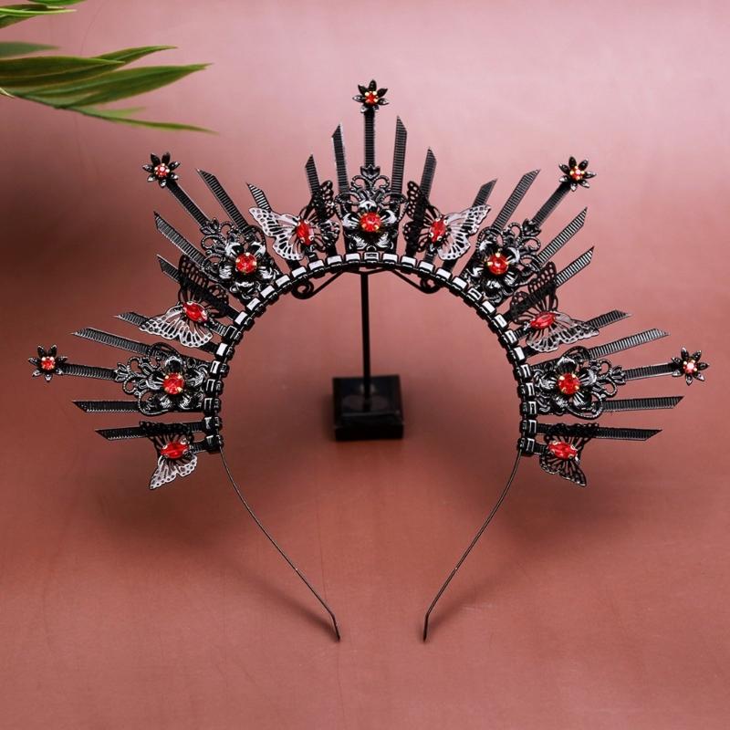 Unique Gothic Style Crown Hairband Luxurious Gothic Crown Hairpiece with Butterfly Embellishment For Special Event
