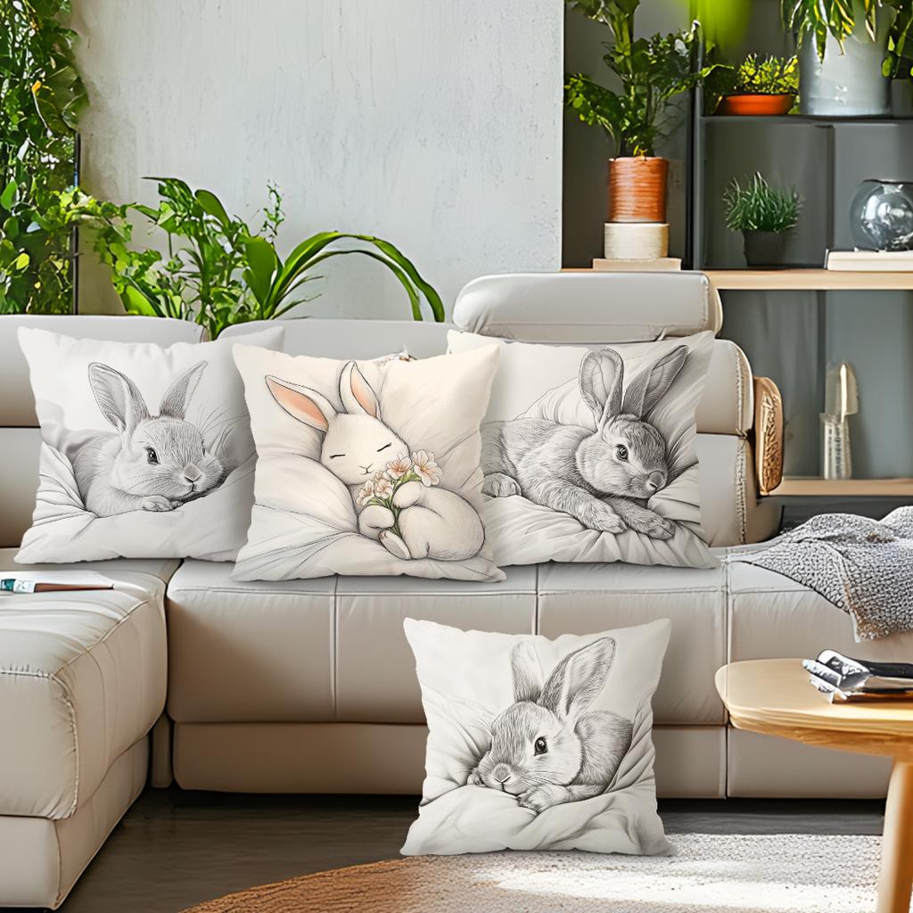 Cute Bunny Sketch Cushions Pillowcase Polyester Cushion Cover Throw Pillow Pillowcover Home Car Sofa Decor