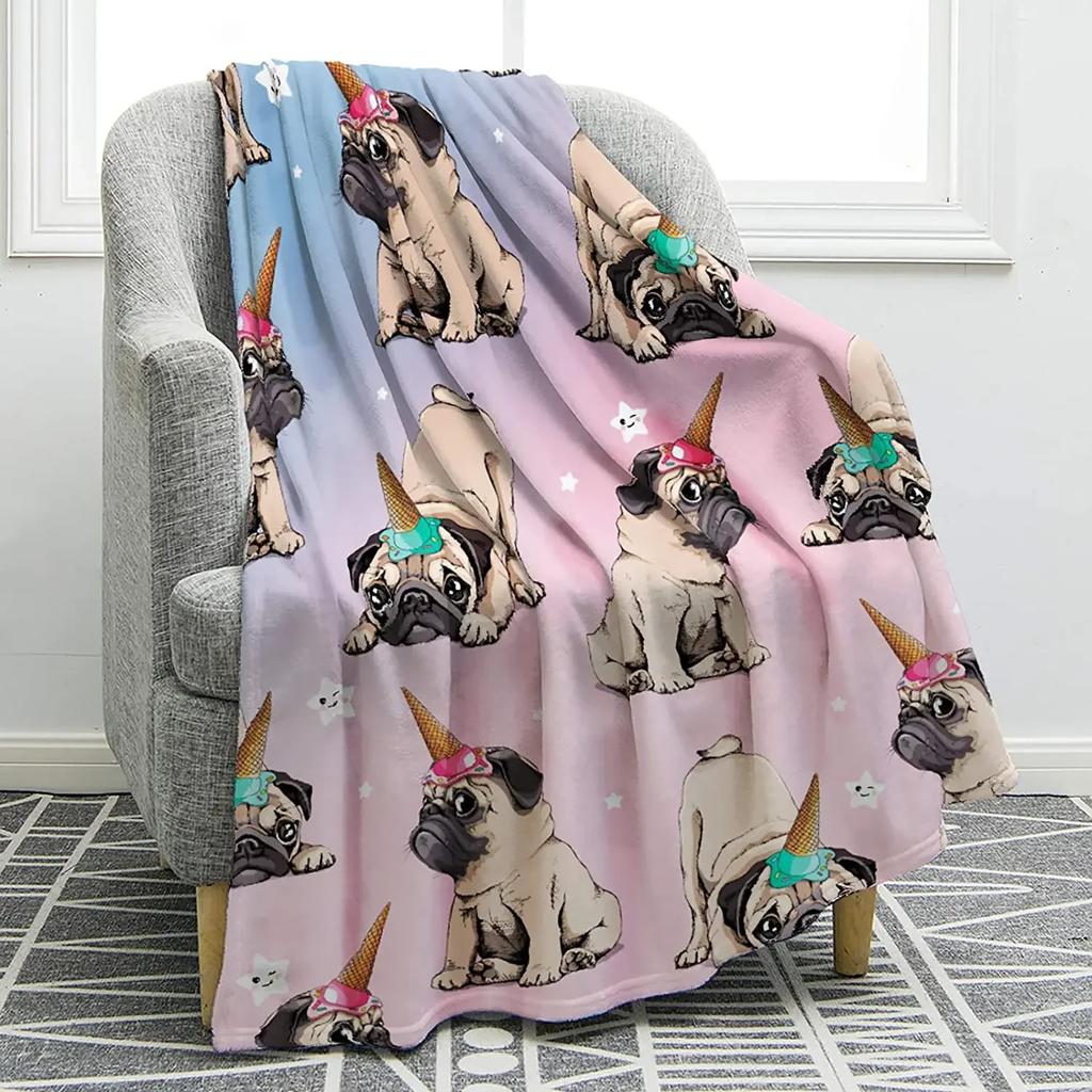 Cute Pet Pug Dog Print Blanket Soft Colorful Flannel Throw Blanket for Sofa Chair Bed Office Travelling Camping Lightweight