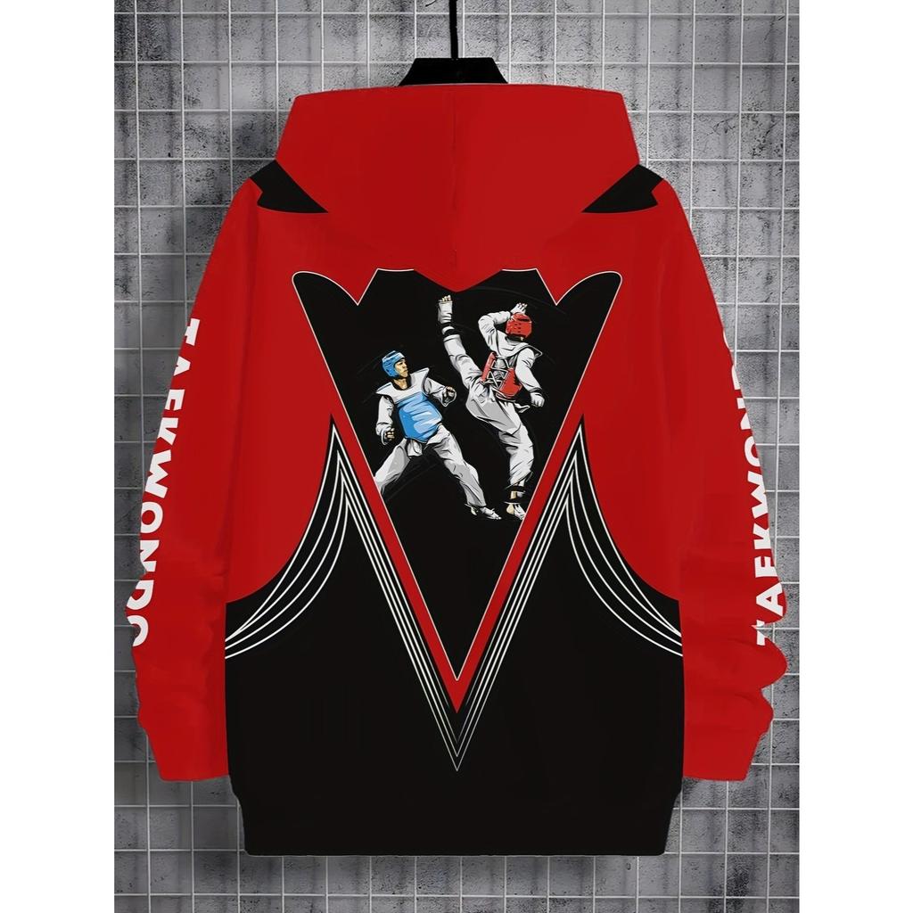 Boys' 3D printed martial arts pattern hoodie - vibrant red and black contrasting casual pullover sweatshirt