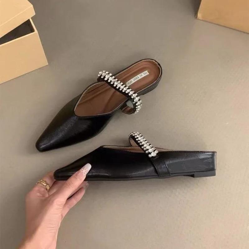 Fashion New Hot Baotou Half Slippers Female Summer Luxury Designer Pointed Rhinestone Temperament Girls Small Height Wedge Sandals