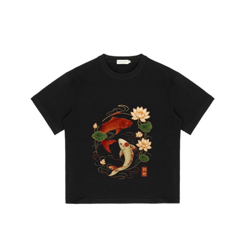 Koi Fish Lotus Flower Printed Black T Shirt for Men Casual Streetwear Summer Outfit with Chinese Calligraphy Design