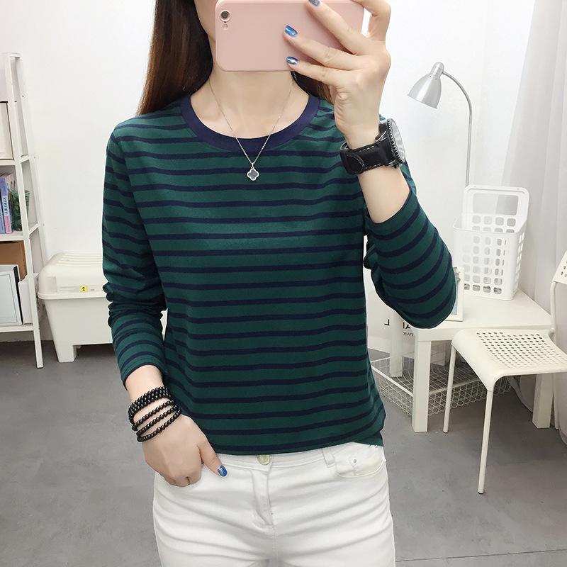 

Fashion Women Stripe Top Stylish Long Sleeve Tops Round Collar Pullover Tops T-shirt Lady M темно-зеленого