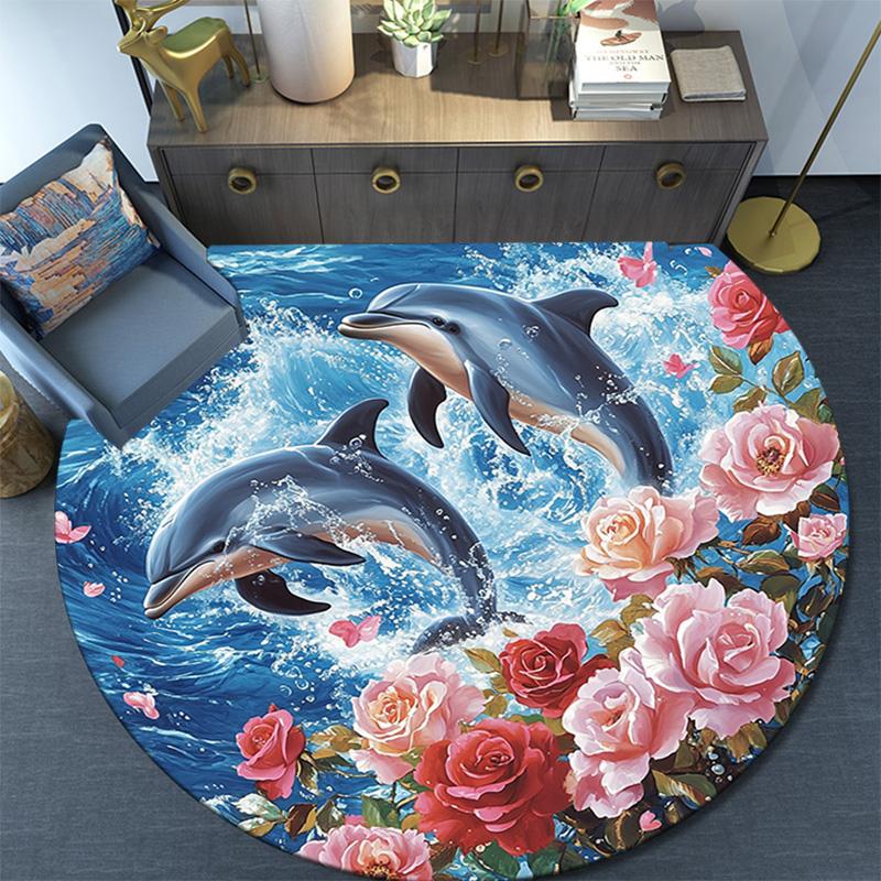 Dolphins Round Area Rug,Carpet Rug for Living Room Bedroom Sofa Playroom Decor,Non-slip Floor Mat