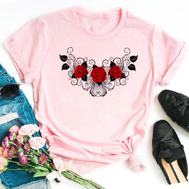 Womens Fashion Tshirt Rose 3D Printing Daily Casual Shortsleeved Shirt 2023 Summer Round Neck Simple Street Womens Clothing