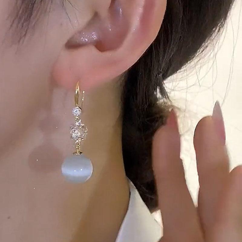 Fashion Temperament Opal Ball Earrings Women, Niche Design Ear Hooks Light Luxury High-end Earrings