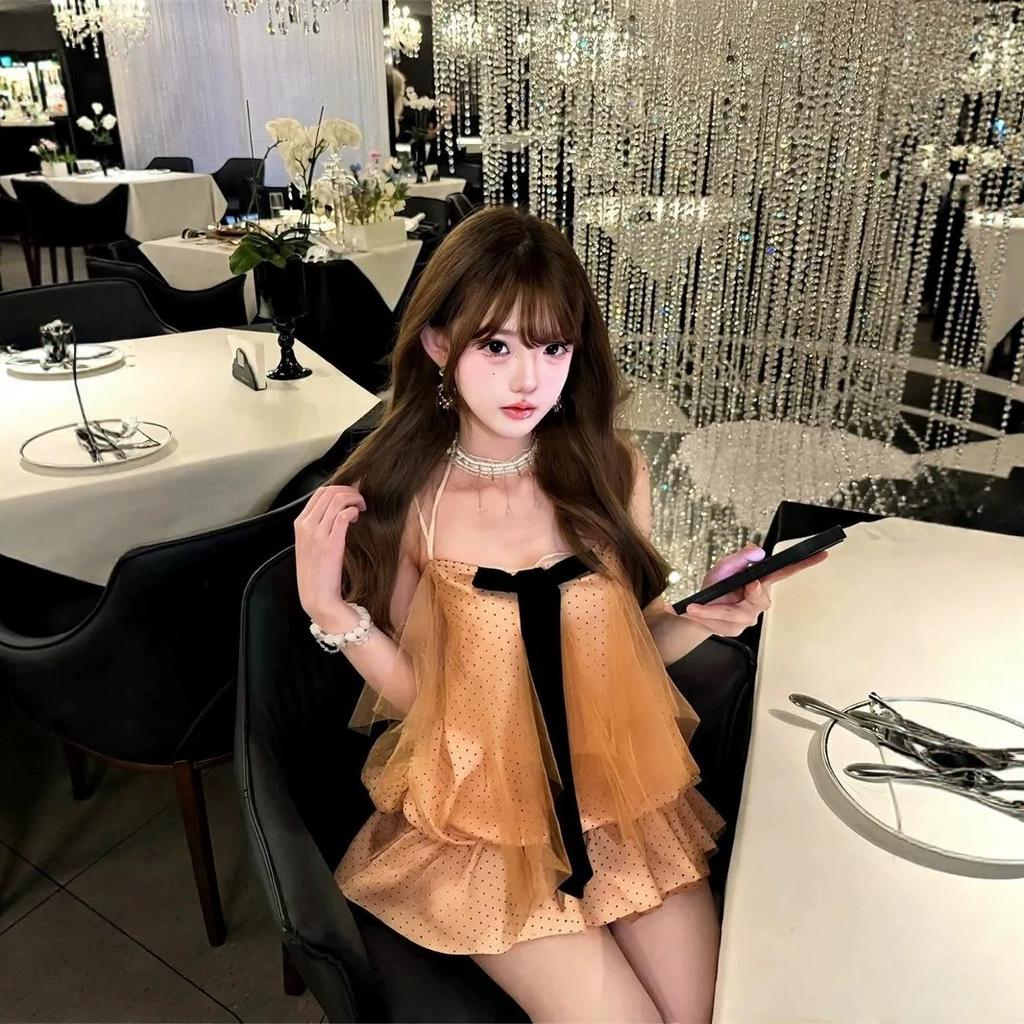 Sweet pure desire wind bow polka dot suspender dress women's summer thin design short skirt bud skirt set