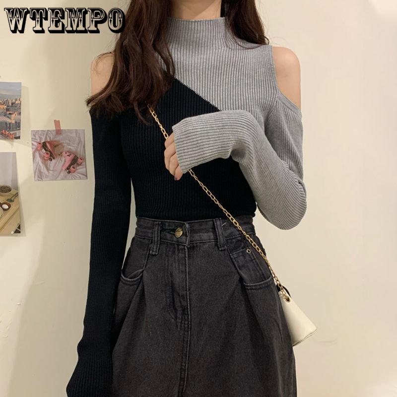 

Сексуальная трикотажная одежда с половиной высокого воротника и открытыми плечами, женская облегающая универсальная рубашка с длинным рукавом, женская блузка