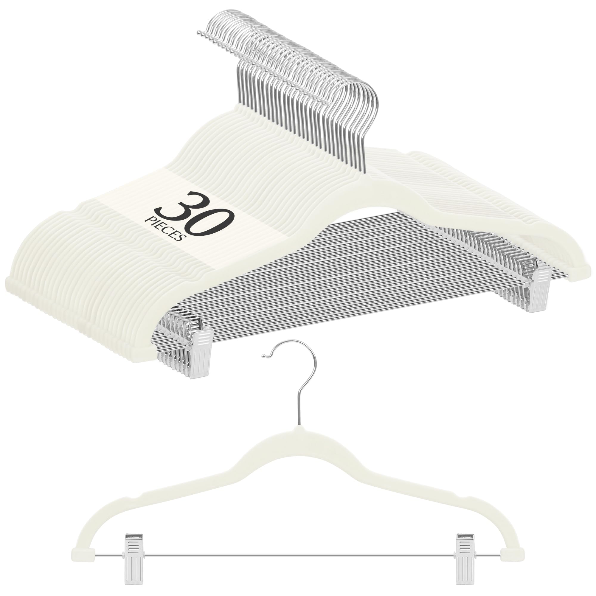 TITIROBA Prevents Clothes from Losing 23AB168 Hanger, Non-Slip, Shape, Slim, Lightweight, Velvet, 30-Pack, Ivory, слоновая кость