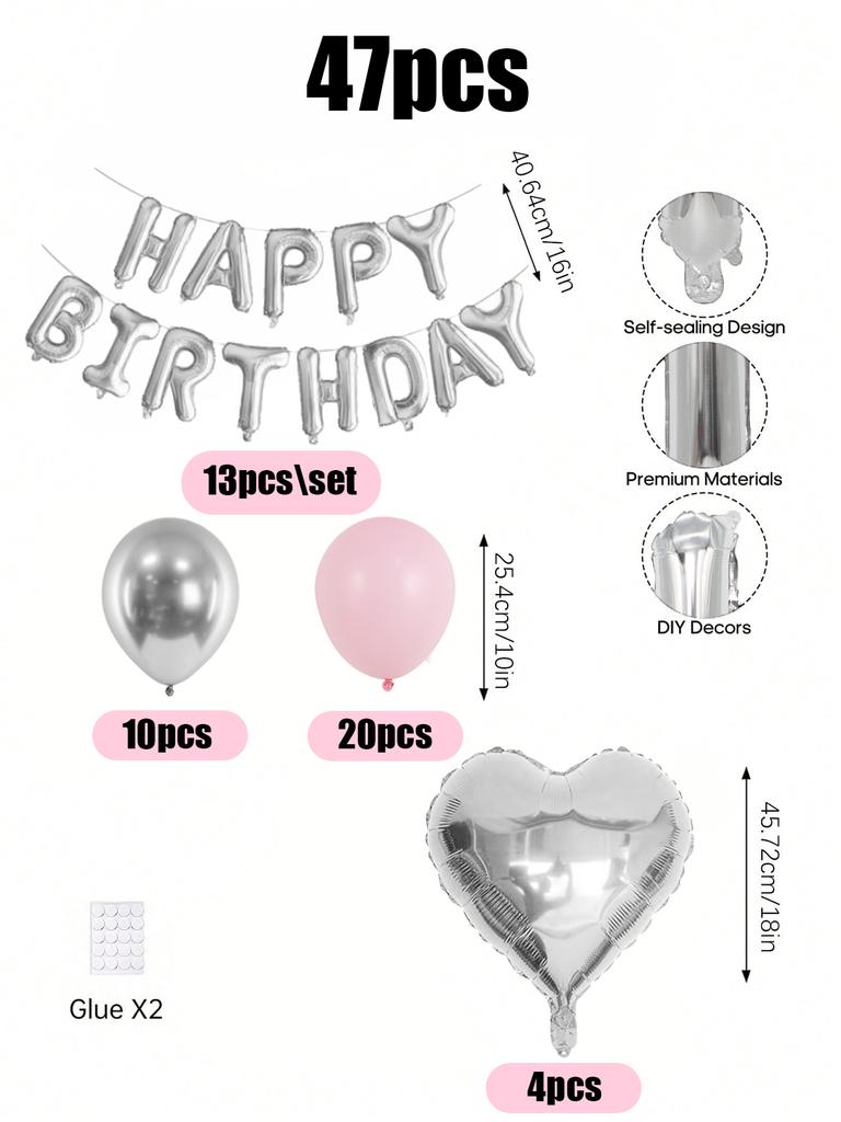 57pcs-pink birthday party set, silver love aluminum film balloons, birthday party decorations