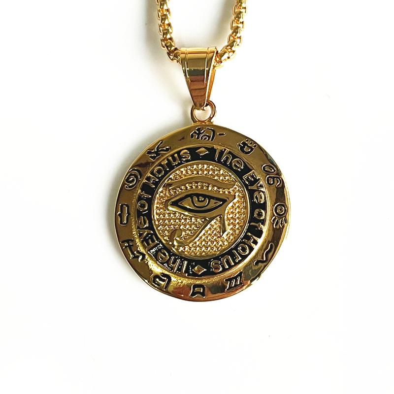 Hip Hop Altes Ägypten Runde Schmuckstücke Collares Goldfarbe Edelstahlkette Ägyptisches Auge des Horus Halsketten & Anhänger