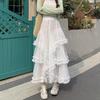 Qooth Weißer 3-Lagen-Tüllrock Schmaler A-Linien-Rock Hohe Taille Midi-Rock Süßer Lässiger Spitzenrock QT2592